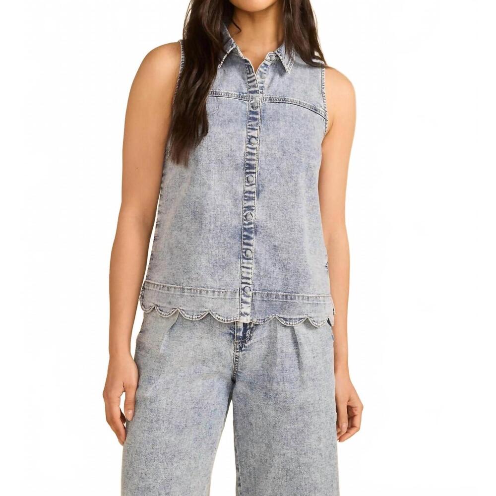 NEW FDJ sleeveless button front cotton shirt in pale wash